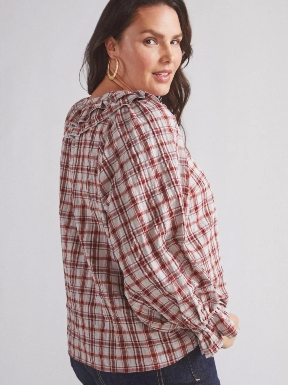 Anthropologie Red and White Plaid Ruffle-Front Blouse